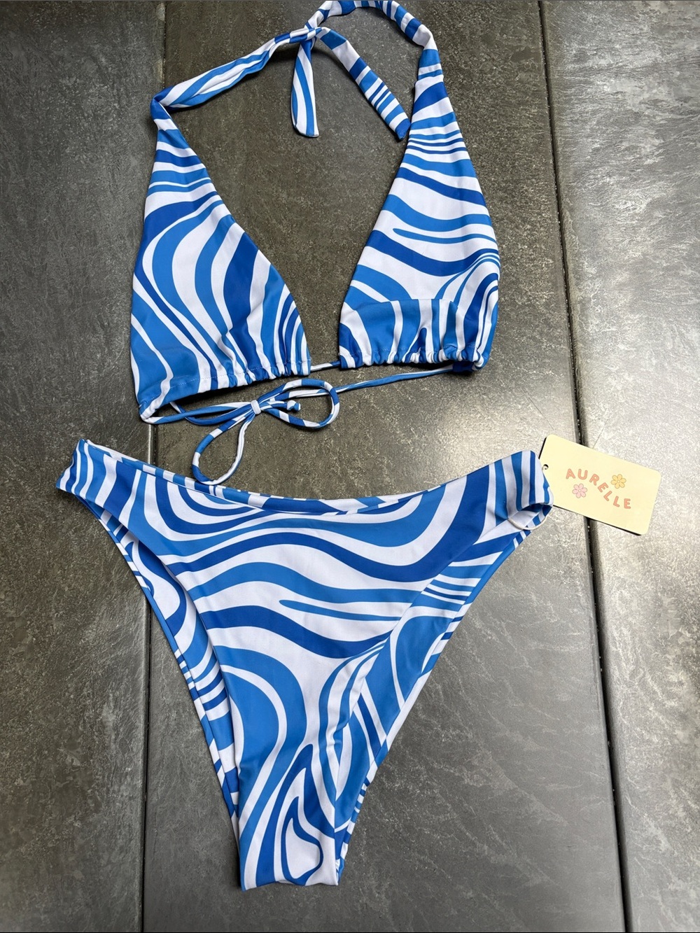 Aurielle Blue & White Wave-Print Bikini Set